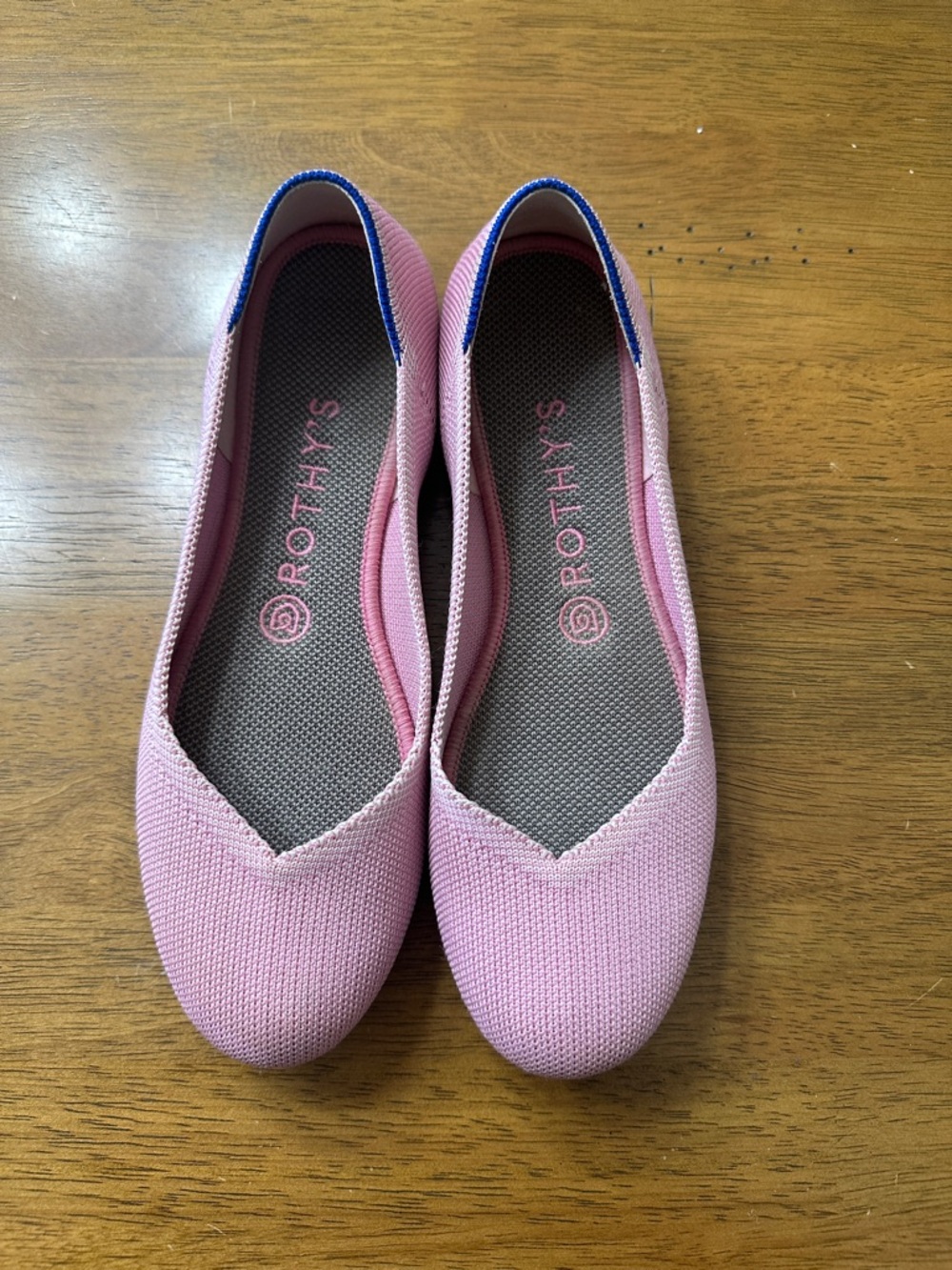 Rothy's Pink Knit V-Neck Slip-On Flats with Blue Trim